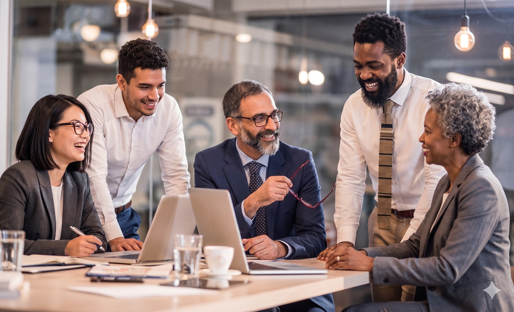 A sales team collaborating around a laptop in a modern office